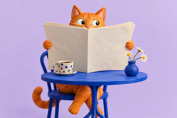 En orange katt läser en tidning vid ett blått bord.