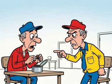 En arbetare i en snusfabrik har nypat en prilla ur en stor behållare medan chefen pekar mot dörren.