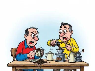 En tecknad man sitter vid ett bord med en kaffekopp full av jord medan en annan person mal jord i en kaffekvarn.