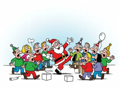 En jultomte på en fest som håller ett kontrakt och gestikulerar vilt med armar och ben.