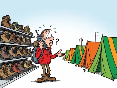 En person står vilse mellan vandringskängor och tält i en friluftsbutik.