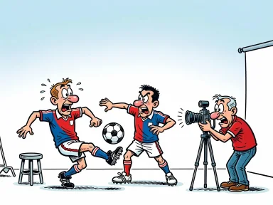 En fotograf tar en bild av en fotbollsspelare som skickar bollen till en lagkamrat inne i en fotostudio.