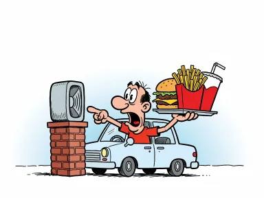 En person i bil gestikulerar mot en högtalare på en tegelvägg vid en drive-in.