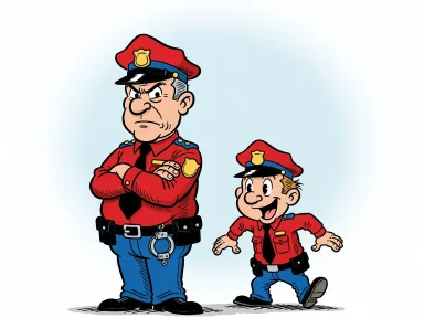 En sträng polis utan handbojor står med armarna i kors medan en liten skälm går fritt bakom honom.