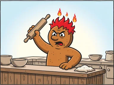 En pepparkaksgubbe med knallrött hår och argt ansikte bakar i ett kök.