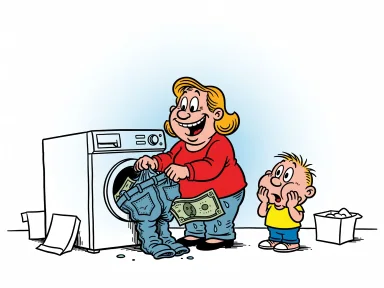En mamma lägger jeans med en sedel i bakfickan i tvättmaskinen medan ett barn ser förvånat på.
