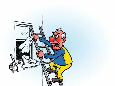 En arg fönsterputsare på en stege kastar en handduk in genom ett öppet fönster.