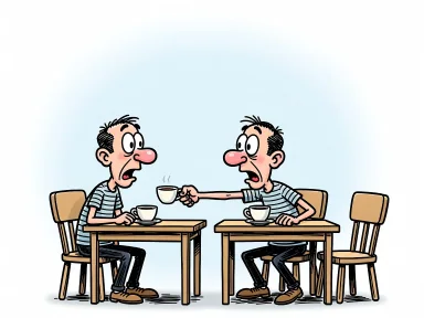 En person på ett kafé tar en kopp från bordet bredvid.