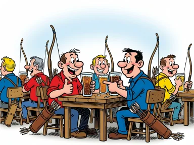 Bågskyttar sitter på en pub i Borås och dricker läsk med bågarna intill.