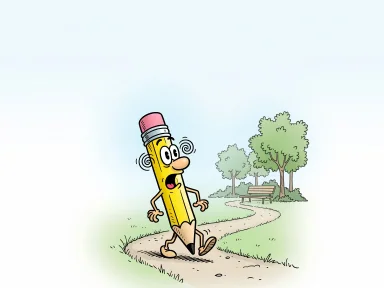 En tecknad penna med snurriga ögon stapplar mot en park.
