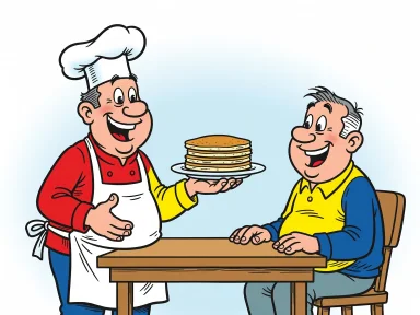 En glad kock räcker över ett platt fat med pannkakor till en nöjd gäst vid bordet.