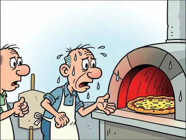 En osäker person står i ett pizzeriakök och tittar på en pizza som gräddas i ugnen.