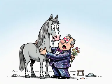 En man i glittrande kostym omfamnar en gråtande häst med tårar i manen.
