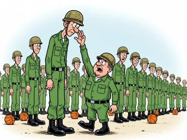 En kort drillinstruktör sträcker sig högt upp för att nå hjälmen på en rad jättelånga soldater under lumpen.