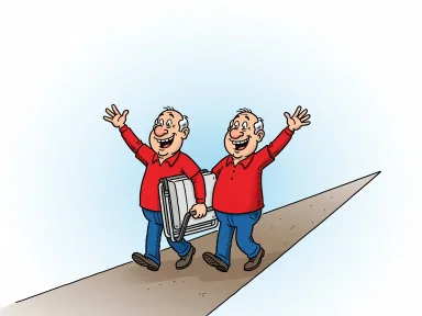 Två män promenerar långt bort med en fällbar fåtölj under armen.