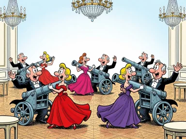 Kanonpjäser i frack och klänning dansar vals på en bal.