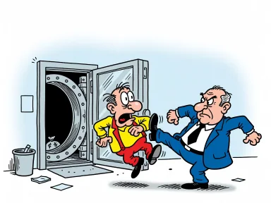En tecknad man sparkas ut genom dörren till en bankbyggnad medan ett tomt valv syns inuti.