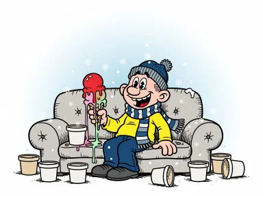 En tecknad pojke med glad min sitter på en soffa med en glass i handen, iklädd vintermössa och halsduk, medan snöflingor faller och tomma glassburkar ligger på golvet.