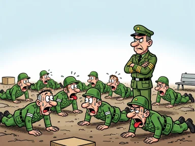 En korpral med gradbeteckningar står med armarna i kors och ser sträng ut medan soldater gör armhävningar i givakt.