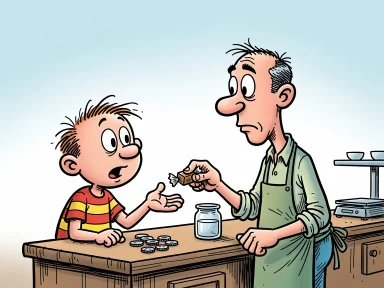 Ett barn räcker över fem mynt mot en enda liten kola.
