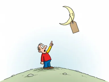 En figur står på en kulle och tittar förvånat upp mot en måne med en prislapp som hänger kvar.