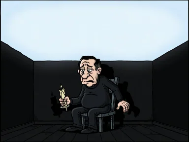 En figur sitter ledsen i ett mörkt hus utan el och tittar på skuggorna runt omkring.