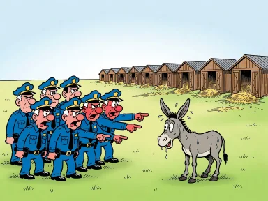 Poliser omringar en åsna framför sexton tomma stall.