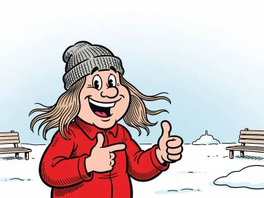 En glad figur med mössa på huvudet och långa peruker fästa vid öronen som hänger ut under mössan.