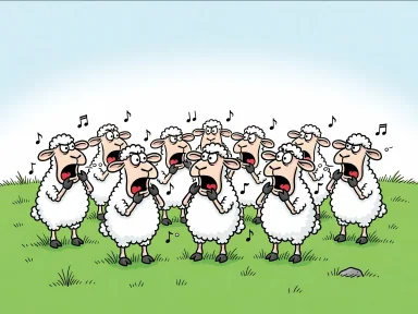 En flock får på en äng håller klövarna mot halsarna med öppna munnar.