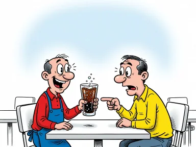 En servitör räcker fram ett glas läsk med ett leende ansikte till en förbryllad gäst.