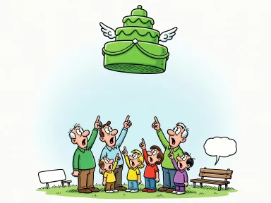 En flygande prinsesstårta svävar över en förvånad familj i parken.