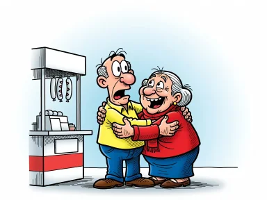 En man blir kramad av en äldre kvinna utanför en korvkiosk.