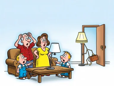 En tecknad familj ser förvirrad ut kring en tom lampfot medan en lampa med små ben smyger ut genom dörren.
