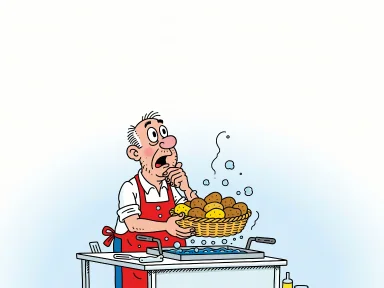En kock vid ett gatukök friterar potatis med en fundersam blick.