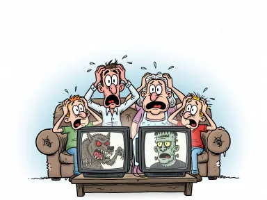 En tecknad familj sitter på soffan och tittar på två skräckfilmer på varsin TV.