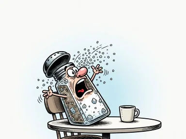 En saltkar med bergig yta står på ett kafébord bredvid en kaffekopp och gestikulerar vilt med utsträckta armar.