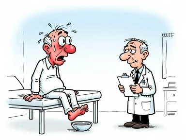En patient doppar tån i en skål med vatten och får panik medan doktorn ser på.
