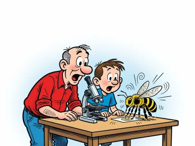 En pappa och hans son tittar genom ett mikroskop på ett bi som surrar kraftigt.