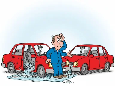 En man ser på en bäck som rinner rakt igenom hans bil medan han pekar mot en annan bil.