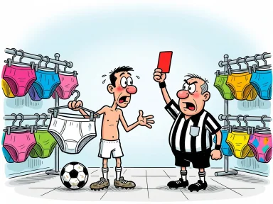 En fotbollsspelare visas ut av en domare inne i en underklädesbutik efter att ha dragit i ett par trosor på en galge.