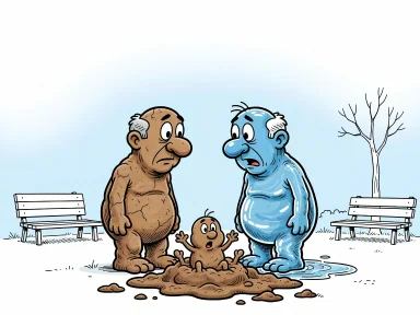 En lerfigur och en vattenfigur står bredvid sitt barn som är en stor gyttjepöl med armar och ben.