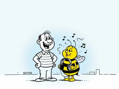 En glad man står bredvid sin lilla flickvän som har randig humla-dräkt och nynnar till musik.