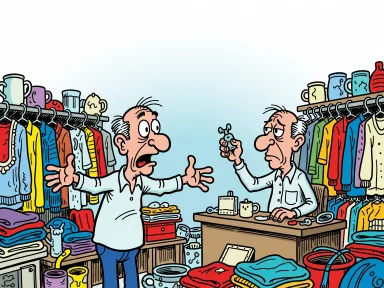 En man står i en välgörenhetsbutik och gestikulerar stort mot hela lokalen medan expediten ser förbryllad ut.