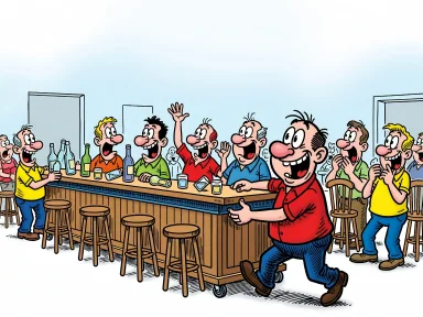 En glad man drar ut en bardisk från en festlokal.