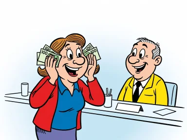 En kvinna står i en bank med sedlar instuckna i öronen och lyssnar med händerna bakom öronen.
