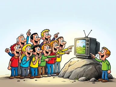 Människor på den soliga sidan samlas runt en tv som visar ett soligt landskap.