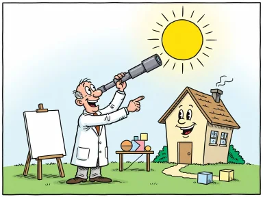 En forskare i vit rock tittar genom ett teleskop mot solen bredvid ett soligt hus.