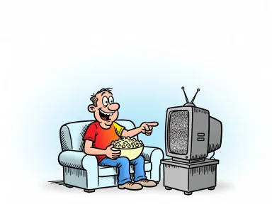 En tecknad man tittar på en TV med bara snö på skärmen.