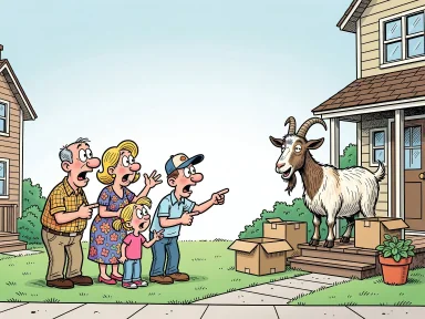 En familj står på gräsmattan och vinkar förvånat mot grannhuset där en stor bock med horn står på verandan.