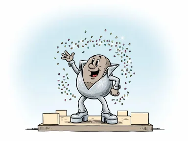 En rund stenfigur står på en scen iklädd en glittrig silverdräkt med breda kragar och glittriga platåstövlar och poserar dramatiskt.